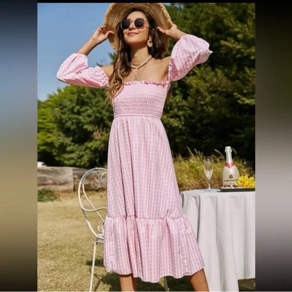 Shein Pink Gingham Smocked Bust On or Off Shoulder High Waisted Midi Dress